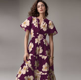 Wine Poly Rayon V-Neck Printed Knee Long Casual Dress